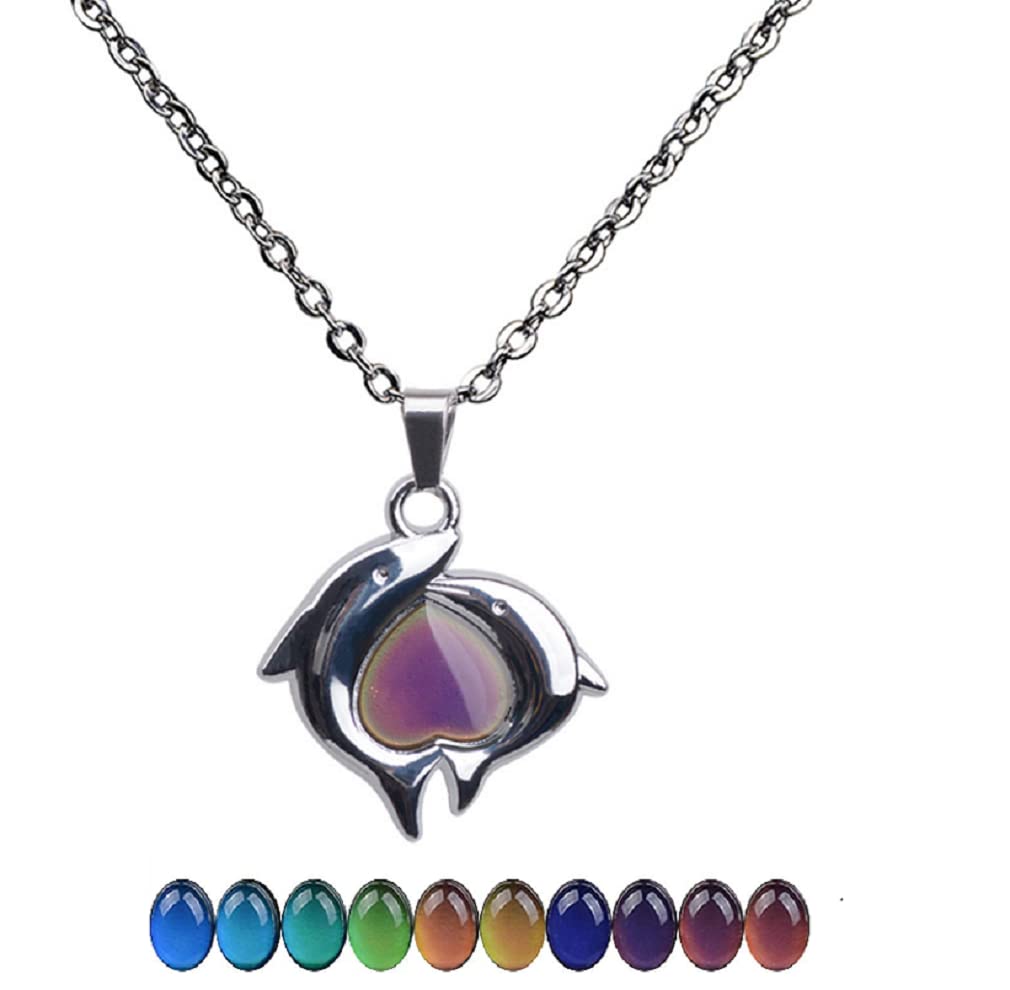 Color Changing Dolphin Pendant Necklace Mood Necklace Mermaid Change Color Emotion Double Dolphin Pendant Stainless Steel Necklace Love Shape Mood Necklace for Woman Man
