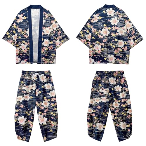 Image of DOSLAVIDA Men's Japanese Kimono Jacket Set Stylish Open Front Coat With Shorts Chinese Style Printed Cardigan Suit