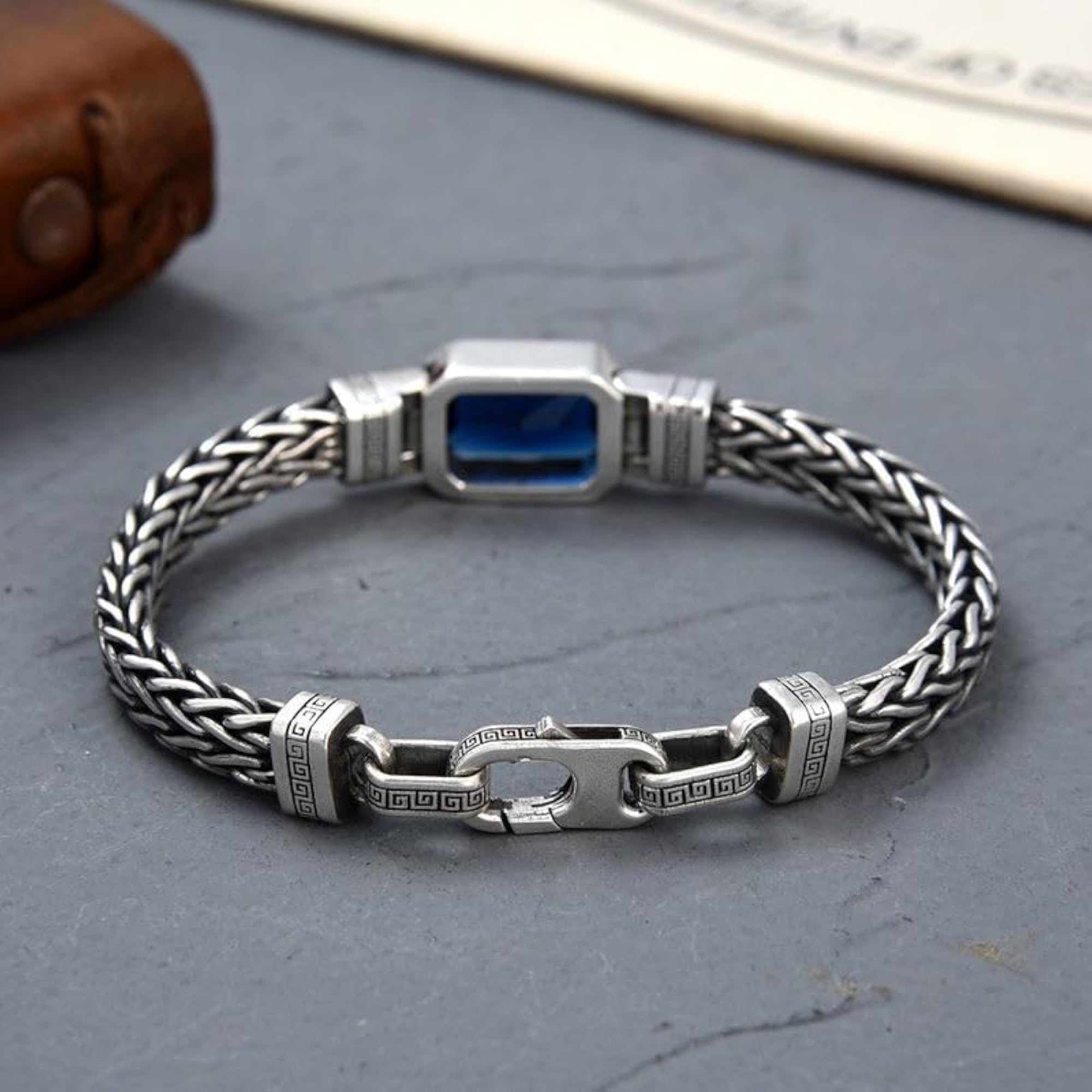 Woven Braided Steel Bracelet with Square Stone