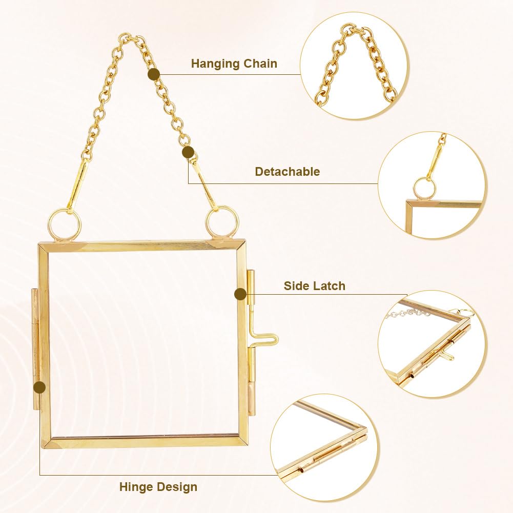 Marco de Fotos Colgante de Latón de 4 pulgadas con Flores Prensadas Minimarco Cuadrado Dorado de Doble Cristal Transparente Flotante con Cadena de Metal para Muestras de Plantas Decoración de