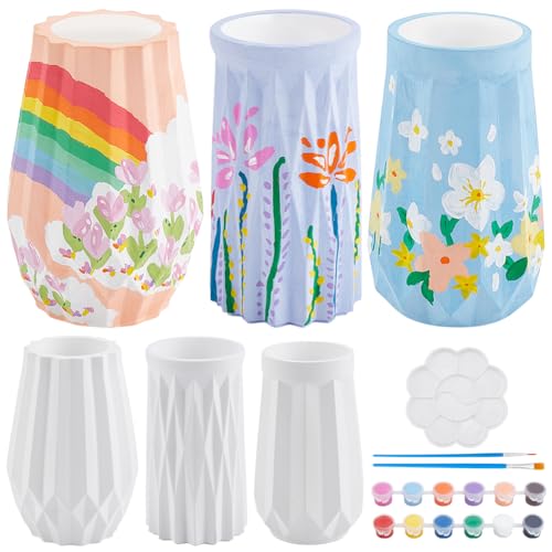 WEBEEDY Juego de 3 jarrones para pintura de alfarería para adultos, principiantes, pinte su propia cerámica jarrones vacíos, incluye pintura y pincel para manualidades de pintura, regalo de cumpleaños