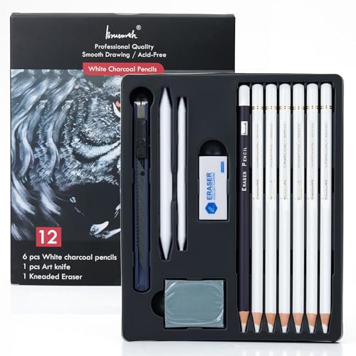 Brusarth Conjunto de lápis de carvão branco – 12 peças de lápis de cor branca para desenhar, esboçar