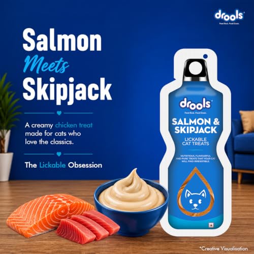 Image of Drools All Life Stages Creamy Lickable Cat Treat (30g x 15) Total 450g Pack of 15 | Salmon & Skipjack Flavour | Easy to Hand Feed | Easier Acceptance