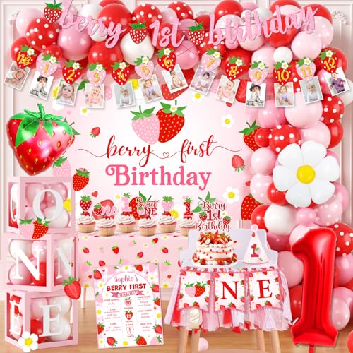Image of Berry First Birthday Decor, Strawberry 1st Birthday Decorations Girl with Strawberry Balloons Berry First Party Backdrop Photo Banner Cake Toppers for Girl 1st Party Decorations
