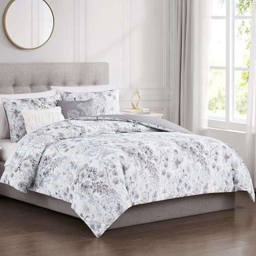 Image of Modern Threads 5-Piece Printed Comforter Set, Giverny King in White Grey Blue - Soft Comforter, 2 Pillow Shams, and 2 Decorative Pillows
