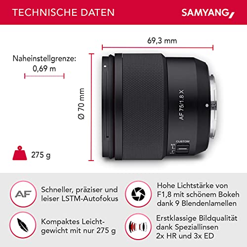 Samyang AF 75mm F1.8 für Fuji X - leichtes & kompaktes Portrait-Objektiv mit LSTM-AF, Wetterschutz & Custom Switch für hochwertige Reiseaufnahmen & Nachtbilder, für Fuji X Kameras X-T4 X-T30 X-Pro 3 – Bild 3