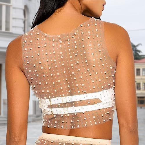 Picpunmak Women Pearl Rhinestone Mesh Tank Tops Diamond Sexy See Through Sheer Sleeveless Blouse Rave Crop Top Clubwear Apricot #TOP6