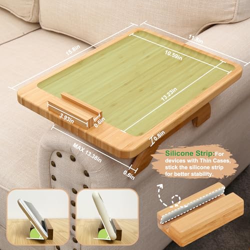 image for SINWANT Couch Arm Tray Table, Large Bamboo Couch Armrest Table with Ph