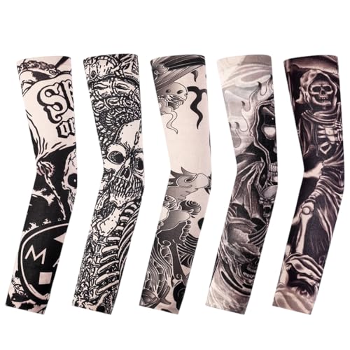 AEKZOX 5 pièces Manchons de Tatouage,Manchette Bras, Manchettes de Bras Faux,Tatouages temporaires Manches en Nylon pour Fête,Halloween,Carnaval