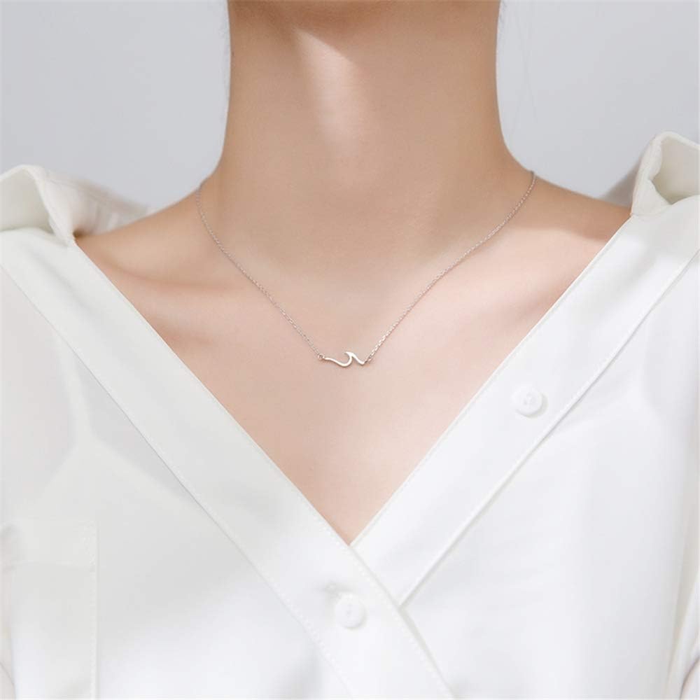Dtja Ocean Wave Necklace for Women 925 Sterling Silver 18K White Gold Plated Minimalist Line Pendant Choker Necklace Adjustable Chain 18" Sea Beach Summer Jewelry for Surfer Lover - Image 4