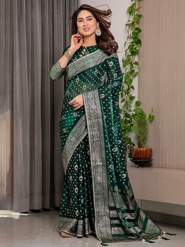 Image of ALMAARI FASHION Green Fendi Satin Foil Print Floral Saree with Tassels, Traditional Butti Motifs, 5.5m with 0.8m Blouse Piece