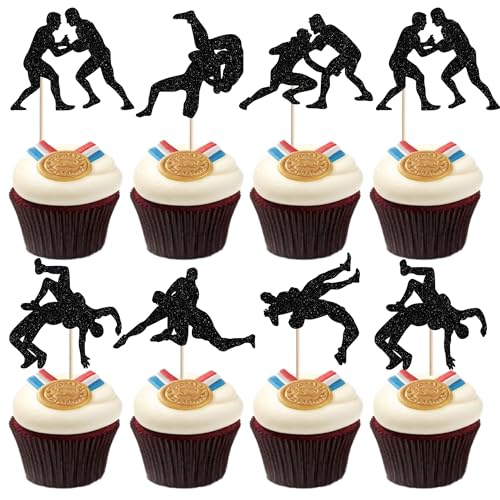 24 PCS Wrestling Cupcake Toppers Glitter Wrestler Cupcake Picks Wrestling Birthday Party Decorations...