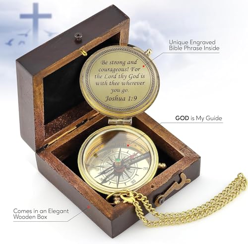Brújula de Latón Chapada en Oro Grabada con Inscripción Religiosa 'Sé Fuerte y Valiente! Porque el Señor tu Dios está contigo dondequiera que vayas' miniatura 3