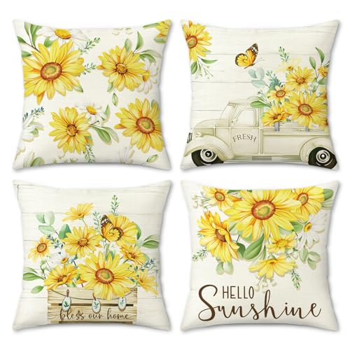 COZZSNUGE Sunflower Cushion Covers Spring Summer Yellow Floral Truck Hello Sunshine Polyester Decorative Pillowcases for Garden Sofa Bed Home Patio 45 x 45 cm Set of 4