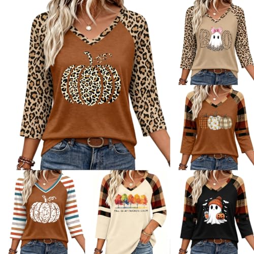 Halloween Shirts for Women Fall Leopard Pumpkin 3/4 Sleeve V Neck Tshirt - image 1