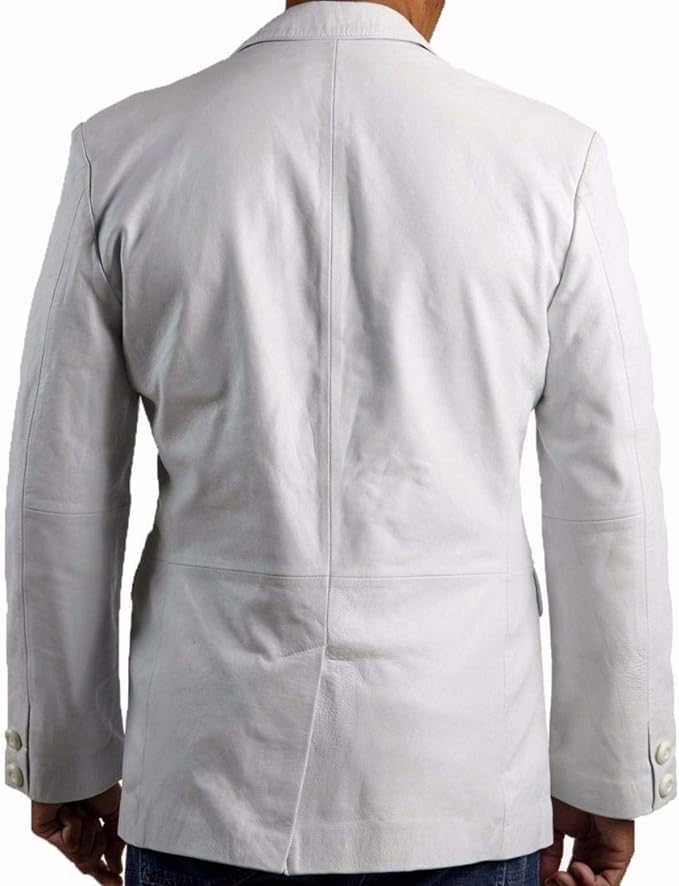 Men's White Casual Leather Blazer - Real White Leather Slim Fit Formal Coat for Men
