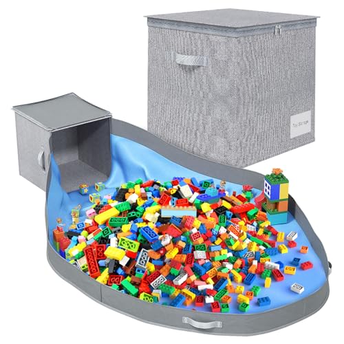 Zxyculture Toy Storage Organizer and Play Mat - Stackable and Foldable Cube Toy Organizers and Storage Bins for Boys and Girls 13'x13'x13' (Warm Grayish Beige)