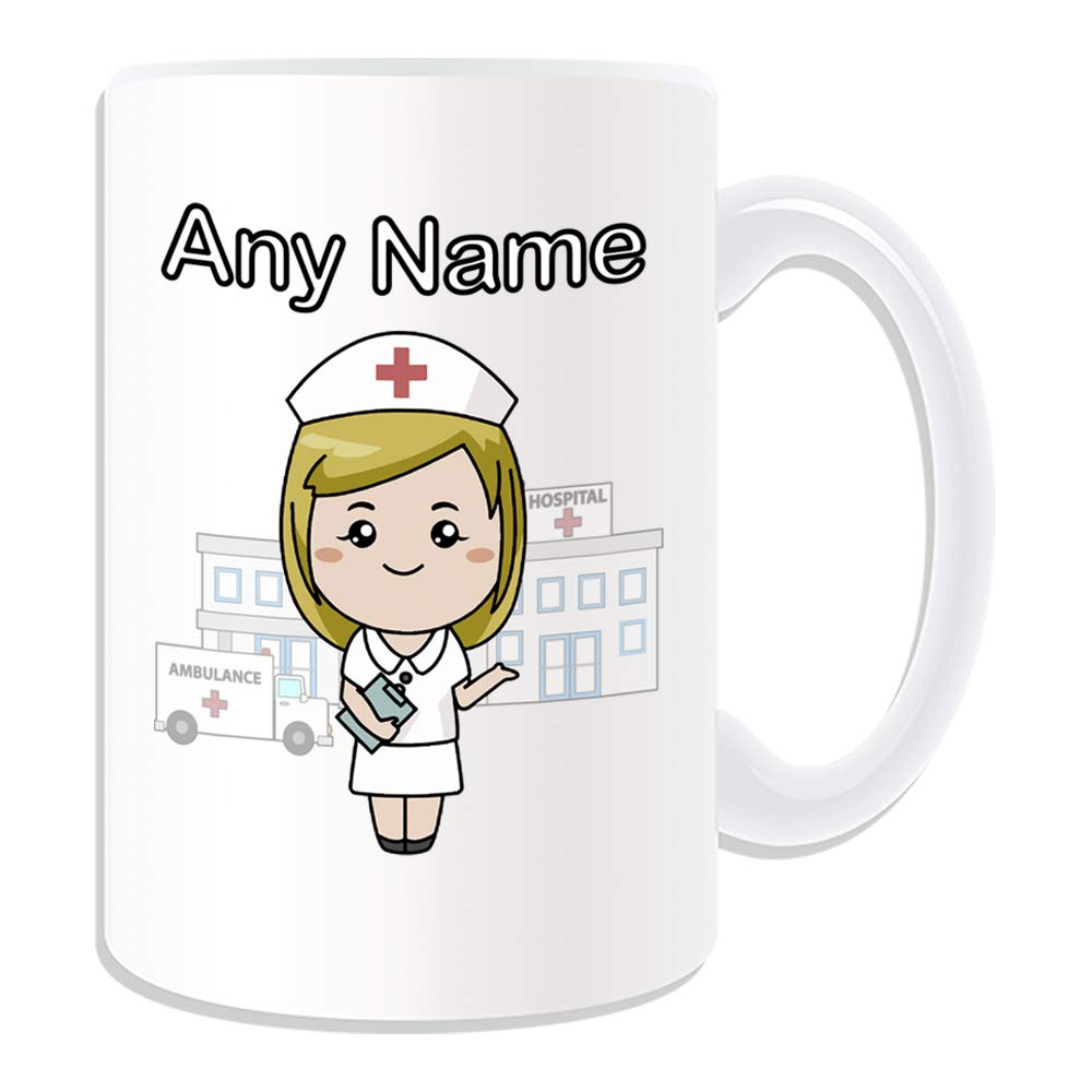 Unigift, tazza da infermiera blu chiaro con tunica marrone (design NHS bianco), qualsiasi messaggio di nome unico, per lavoro femminile, ospedaliero odontoiatrico