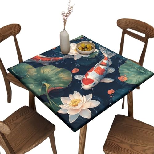 Koi Pond Harmony Pattern Printed on Fitted Tablecloths, Stain Resistant Table Top Cover, Suitable for Cafes Camping Family Gathe