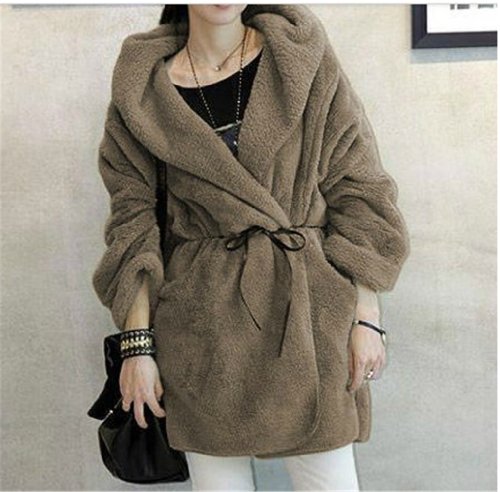 Qyz@double-sided Hooded Fluffy Lambs Wool Warm with Thin Overcoat
