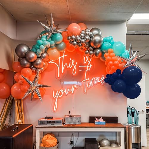 Image of Blue Orange Balloons, 12 Inch Teal Navy Bule Balloons with Metallic Silver Balloon for Kids Boys Girls Birthday Thanksgiving Fall Graduation Basketball Outer Space Astronaut Theme Party Decorations