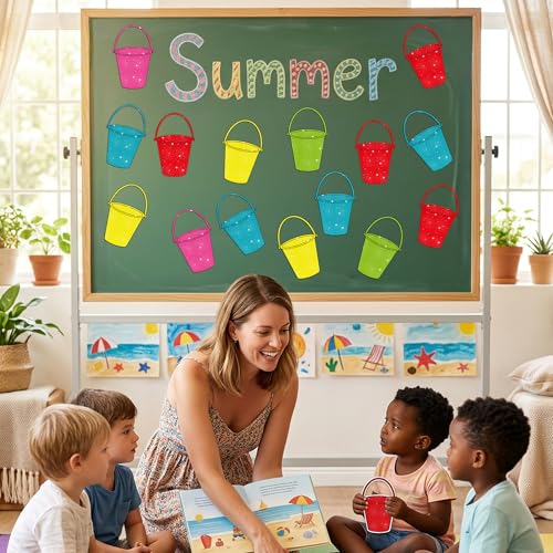 Image of Summer Bucket Glitter Cutouts - 100Pcs Colorful Beach Sand Bucket List Paper Cut-Outs with Glue Points Tropical Buckets Cutout Bulletin Board for DIY Crafts Sweet Summer Back to School Classroom Decor