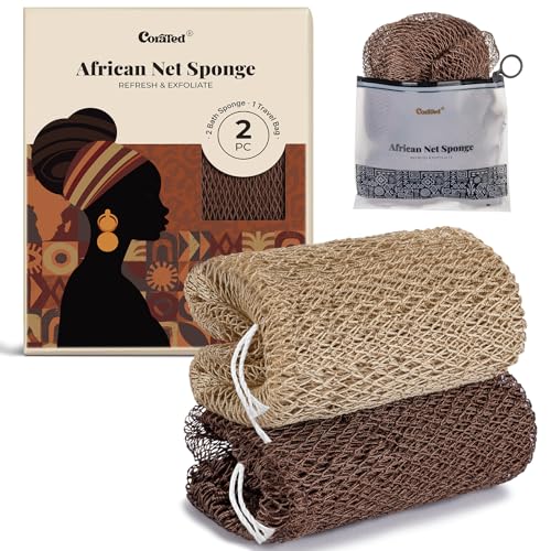CORATED 2 Stücke Afrikanischer Netzschwamm für Körperpflege African Net Sponge Tiefenreinigung Waschbar (Leinen und Braun)