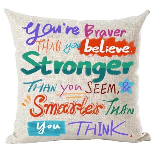 Ramirar Colorful Word Art Quote You're Braver Than You Believe Stronger Smarter Inspirational Decorative Throw Pillow Cover Case Home Living Room Bed Sofa Car Cotton Linen Square 18 x 18 Inches