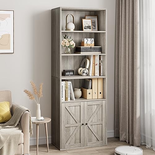 IDEALHOUSE Bookcase with Doors Industrial Bookshelf 11.8in Depth Display Storage Shelves 71.4in Tall Farmhouse Bookcases Wooden 6 Shelf Bookshelvels for Bedroom, Living Room, Home Office, Grey