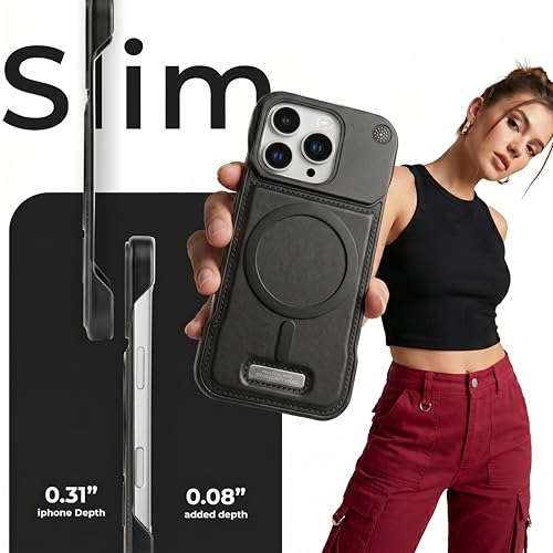 Image of Frameless Metal Case Compatible with MagSafe Luxury Aluminum Frame with PU Leather Finish Magnetic Ring with Wireless Charging Shockproof Premium Slim Case (Black, iPhone 14 PRO MAX)