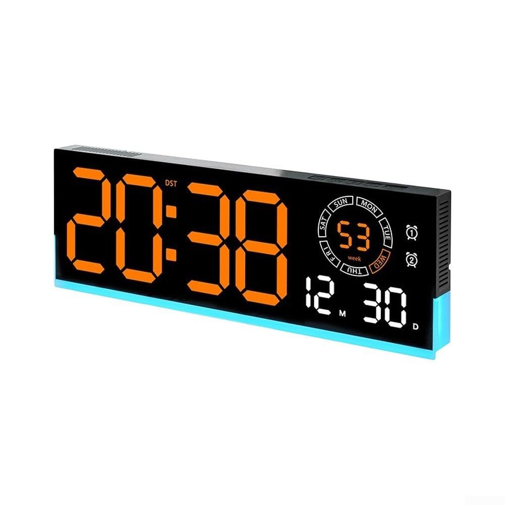 Horloge murale numérique LED orange lumineuse contemporaine avec alarme
