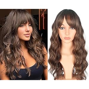 SYMEIW Ombre Brown Wavy Wigs With Bangs Medium Long Brown Wavy Wigs For Women Synthetic Brown Hair Replacement Wigs Daily Use Wigs 18 Inch (Ombre Brown)