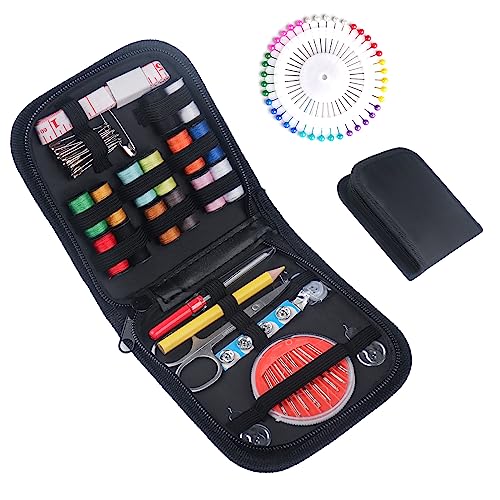 Kazigak Juego de costura con 94 accesorios de costura, kit de costura de viaje, accesorios de costura para principiantes, rollos de hilo, agujas de coser, hilo, dedal, cinta métrica, etc