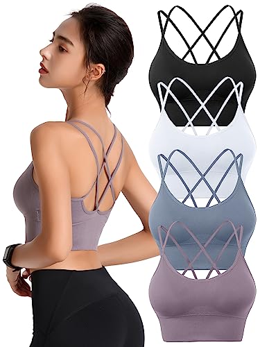 Image of Padded Sports Bras for Women Strappy Cross Back Yoga Bras Pack for Workout Fitness Running Gym Low Impact Top