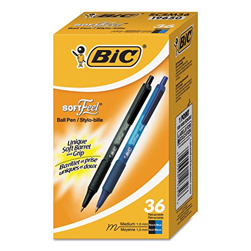 BIC SCSM361AST Soft Feel Retractable Ballpoint Pen, Black/Blue, 1mm, Medium, 36/Pack