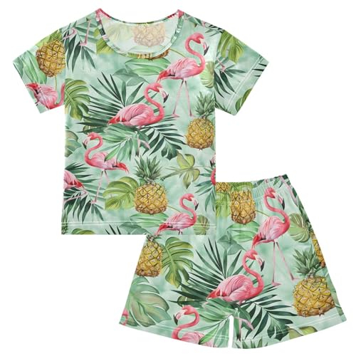ALAZA Pineapple Palm Leaf Flamingo Pajamas Short Sleeve 2 Piece Sleepwear Top and Bottom Pajama Set Unisex