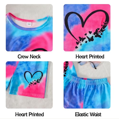Image of Kids Girl Clothes Tie Dye Heart Print Short Sleeve Top and Shorts Toddler Girl Summer Outfits Short Set