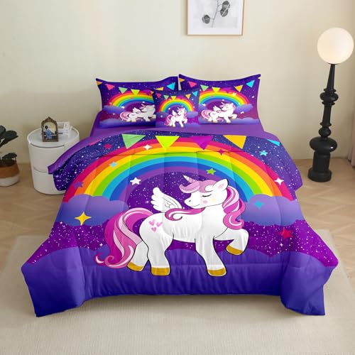 PALENVILI Unicorn Comforter Set for Girls 6 Pieces Kids Rainbow Unicorn Bedding Set with Sheet Full Size Unicorn Bed in a Bag for All Season,Purple