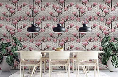 Image of DWELLSINDIA Flowers in Brick Wall Background Self Adhesive Peel and Stick PVC Wallpaper Waterproof, Scratch Resistant, Laminated (41x244 cm, Multicolor, Matt)