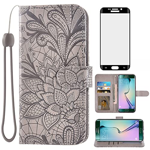 Asuwish Phone Case for Samsung Galaxy S6 Edge with Tempered Glass Screen Protector and Lace Wallet Cover Flip Card Holder Stand Kickstand Cell Accessories Glaxay S6edge 6s 6 S 6edge Women Men Grey