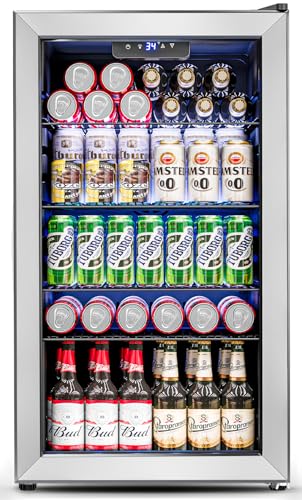 3.2 Cu.Ft Mini Fridge with Glass Door - 126 Can Beverage Refrigerator Cooler for Drink Beer Wine Soda, Small Refrigerator for Bedroom Office Bar Dorm, 4 Adjustable Shelves, Silver
