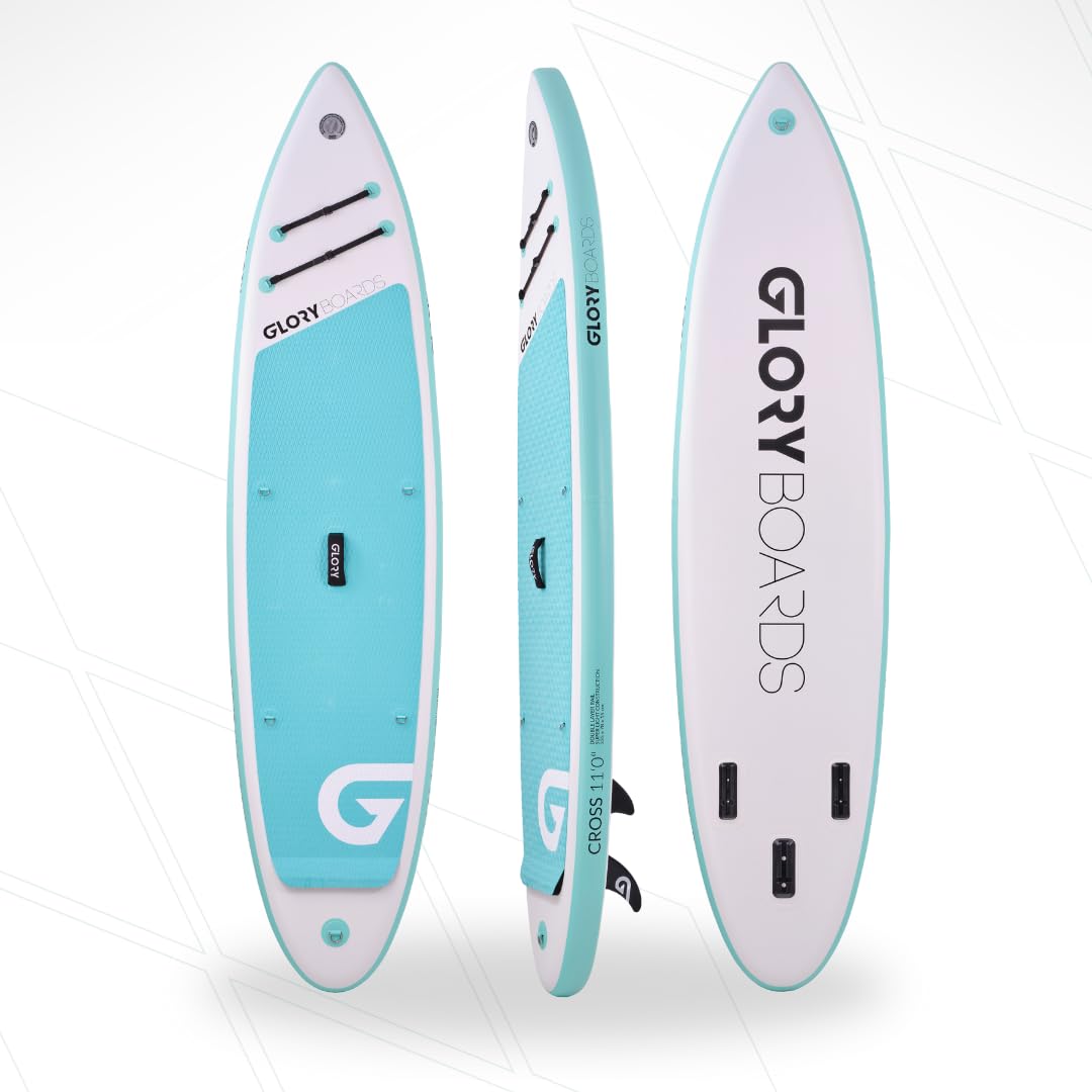 GLORY BOARDS ® Stand up Paddling Board aufblasbar – bis 180kg Tragkraft – komplettes SUP Set inkl. Carbonpaddel, Pumpe, Rucksack – Kajak Option – leichtes Stand up Paddle Board