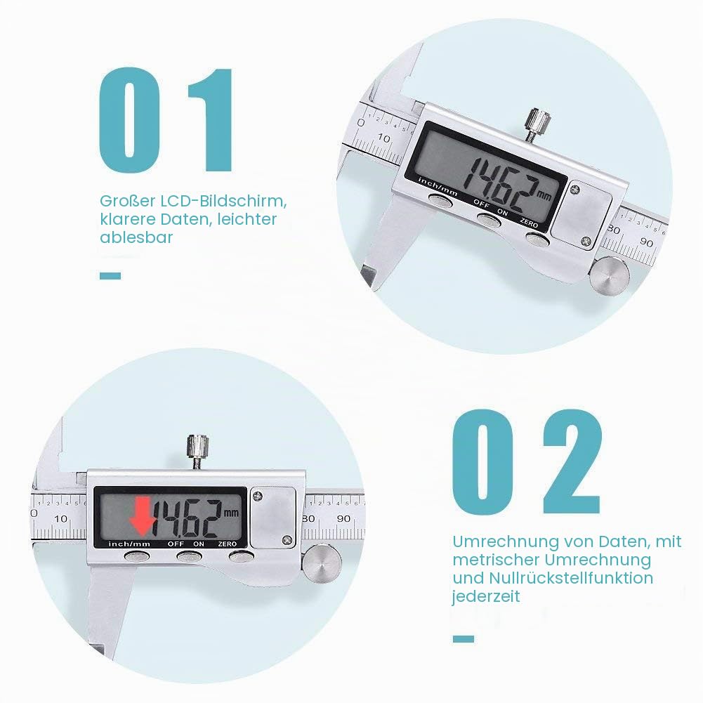 Messschieber Digitale 0-150mm/0-6 Zoll, Hochpräzise Edelstahl Schieblehre, Elektronischer Digitaler Schieblehre, Messschieber, für Innen, Außen&Stufen Messung, LED-Anzeige, Haushalt und Industrie