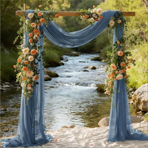 Image of Dusty Blue Wedding Glitter Arch Draping Fabric 29 inch x 6.5 Yards 3 Panels Sheer Backdrop Curtains Drapery for Summer Wedding Ceremony Birthday Party Indoor Ceiling Decor