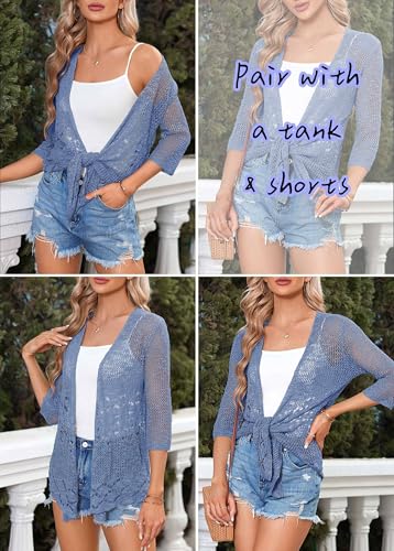 Image of Nulibenna Womens Sheer Shrug Sweaters 3 /4 Sleeve Open Front Tie Cardigan Bolero Jacket Lightweight Crochet Knit Cover Up Tops