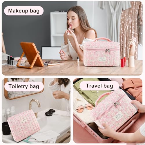 3Pcs Makeup Bag Cotton Quilted Travel Cosmetic Bag Cute Floral Makeup Pouch Large Toiletry Bag for Women Girls (Flowers-Pink3)2
