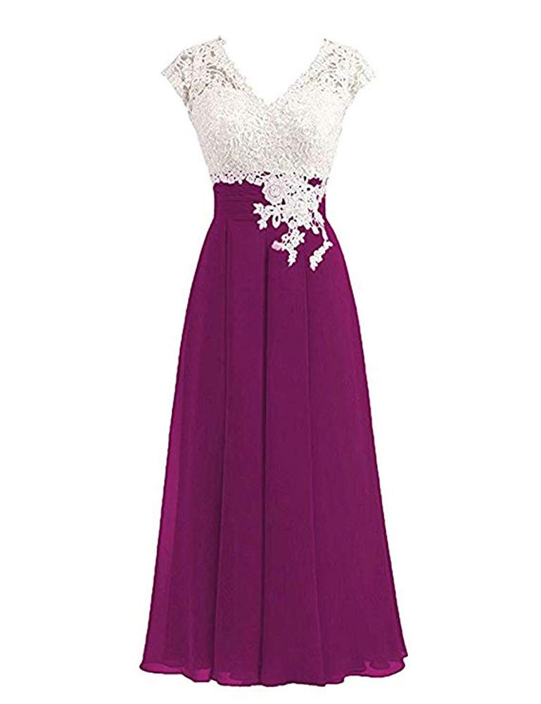 Leader of the Beauty Women's Chiffon V-Neck Prom Bridesmaid Dresses Tea Length Cap Sleeves Mother of The Bride Dresses 14 Grape