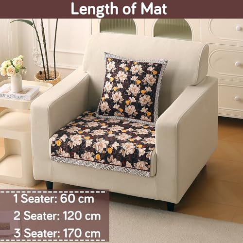 Image of HOKIPO 'Florentina Series' Premium Holland Velvet Sofa Cover Mat for 1 Seater Sofa with Foam Filling for Extra Softness, Anti-Slip Backing, Camellia Brown (IN-878-V2*1)
