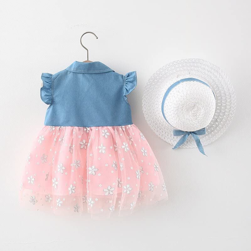Image of Bold N Elegant Cap Sleeve Denim Embroidered Midi Party Dress Frock with Hat Dress for Infant Toddler Girl Baby Girl