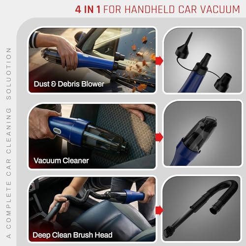 Image of DOMESTICA 4-in-1 Cordless Car Vacuum Cleaner | Portable Handheld Vacuum Cleaner for Car Use with Blower & Inflator | High Speed Power Suction | 9000 Pa Suction | HEPA Filter, Multiple Nozzles (Blue)
